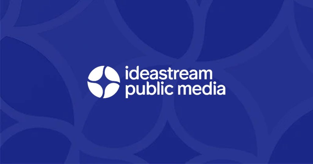 The Ideastream Public Media logo in white on the organization's blue pinwheel pattern