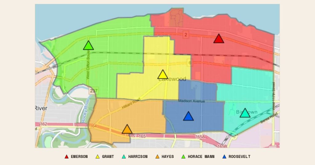Map of Lakewood divided into six colored elementary school attendance areas: Horace Mann, Grant, Emerson, Harrison, Hayes and Roosevelt